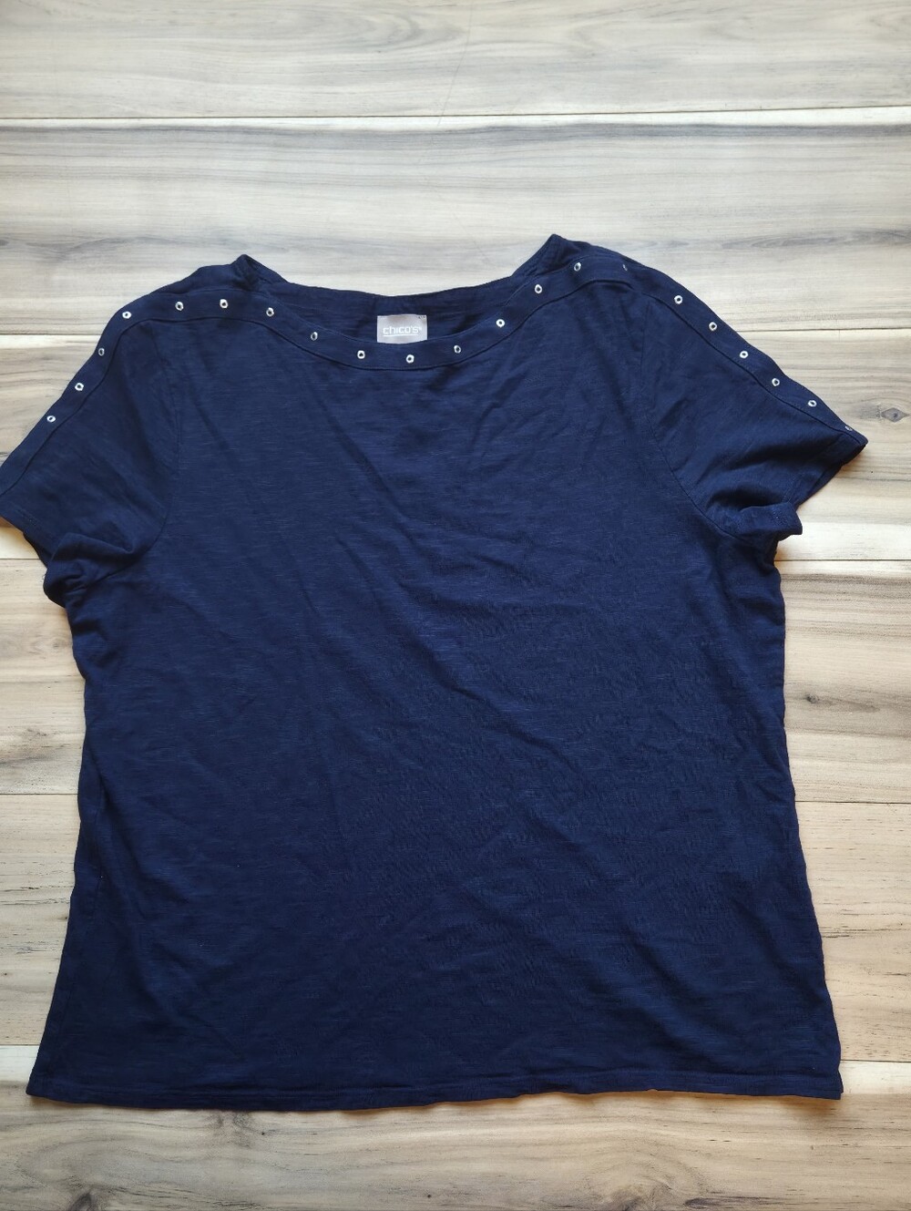 Chico's Blue Short Sleeve Tee Shirt with Grommet Hardware Details Size 2 (Medium